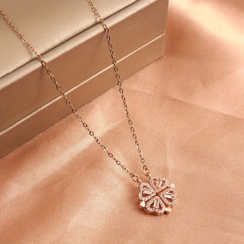 Magnetic Heart Necklace with Four Leaf Clover Hearts Design for Women and Girls