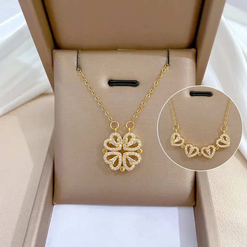 Magnetic Heart Necklace with Four Leaf Clover Hearts Design for Women and Girls