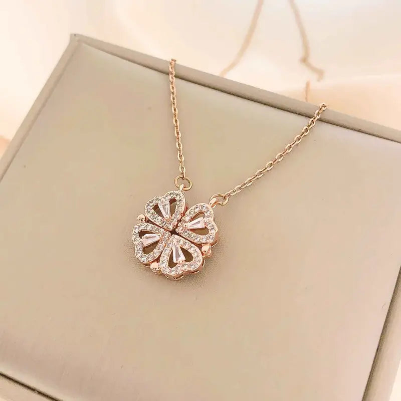 Magnetic Heart Necklace with Four Leaf Clover Hearts Design for Women and Girls