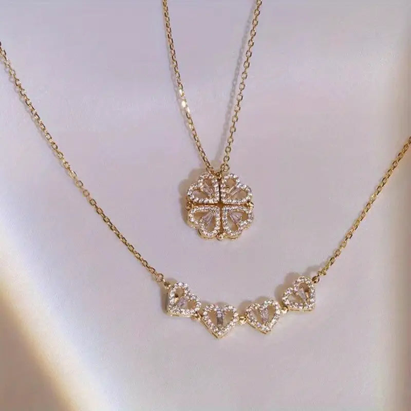 Magnetic Heart Necklace with Four Leaf Clover Hearts Design for Women and Girls