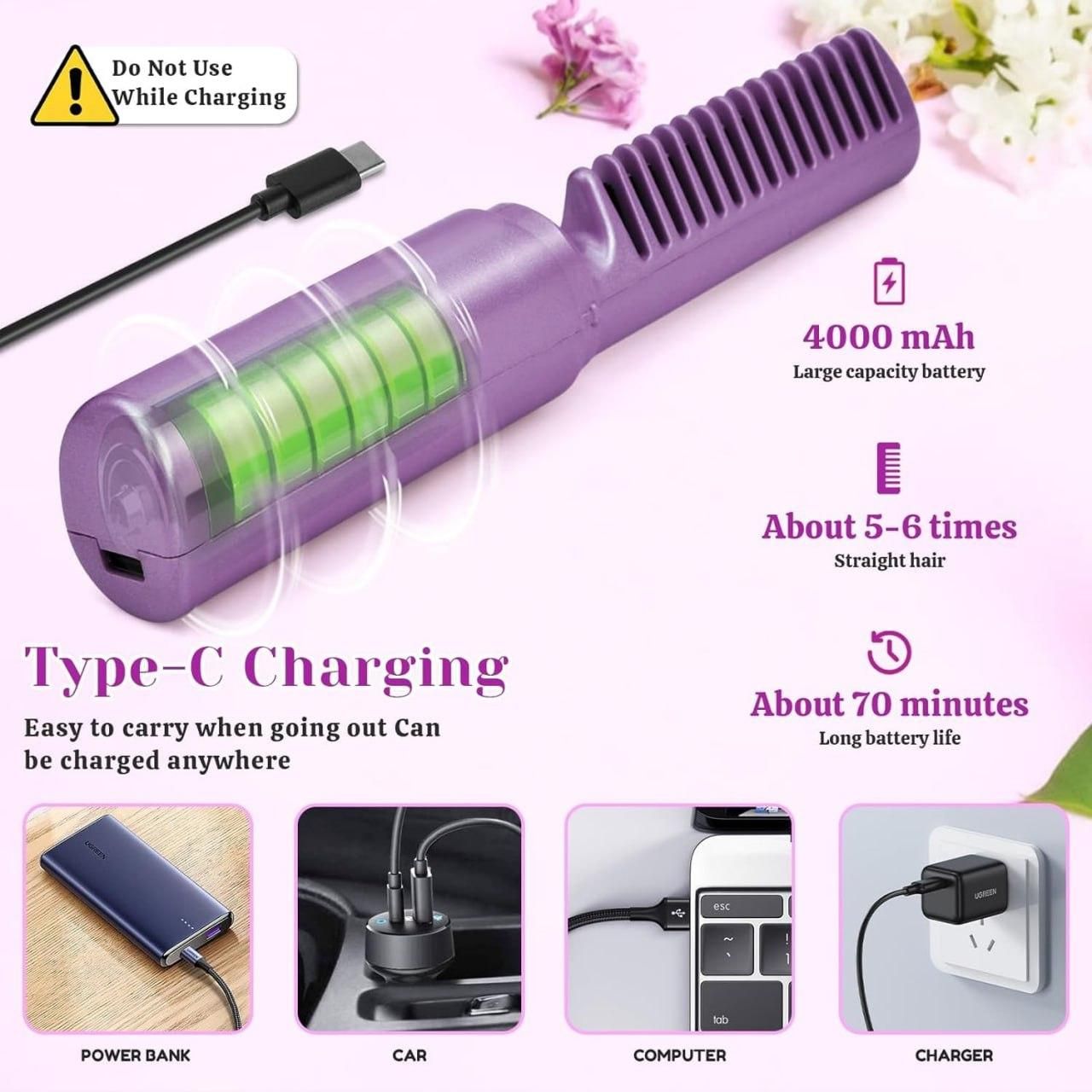 Meneflix Portable Mini Hair Straightener Cordless Rechargeable Mini Adjustable Hair Straightener Hot Comb - Home DeQcoR