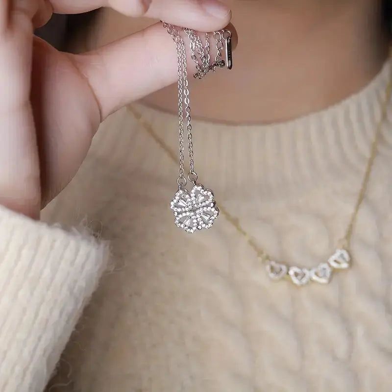 Magnetic Heart Necklace with Four Leaf Clover Hearts Design for Women and Girls