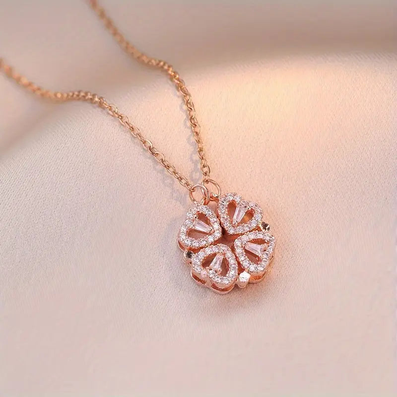 Magnetic Heart Necklace with Four Leaf Clover Hearts Design for Women and Girls