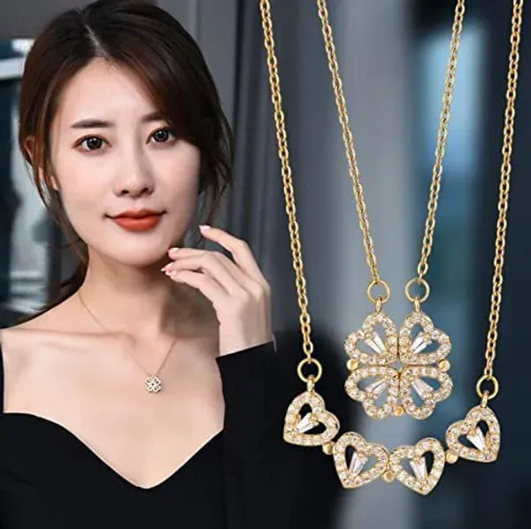 Magnetic Heart Necklace with Four Leaf Clover Hearts Design for Women and Girls