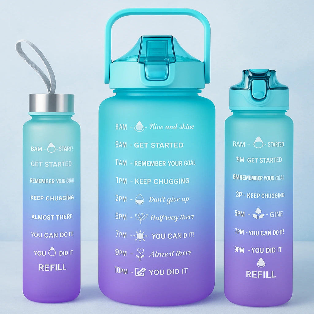 HydraTrio™ 3-Piece Bottle Set – Perfect for Home, Kitchen, and Gifting with Motivational Time Marker