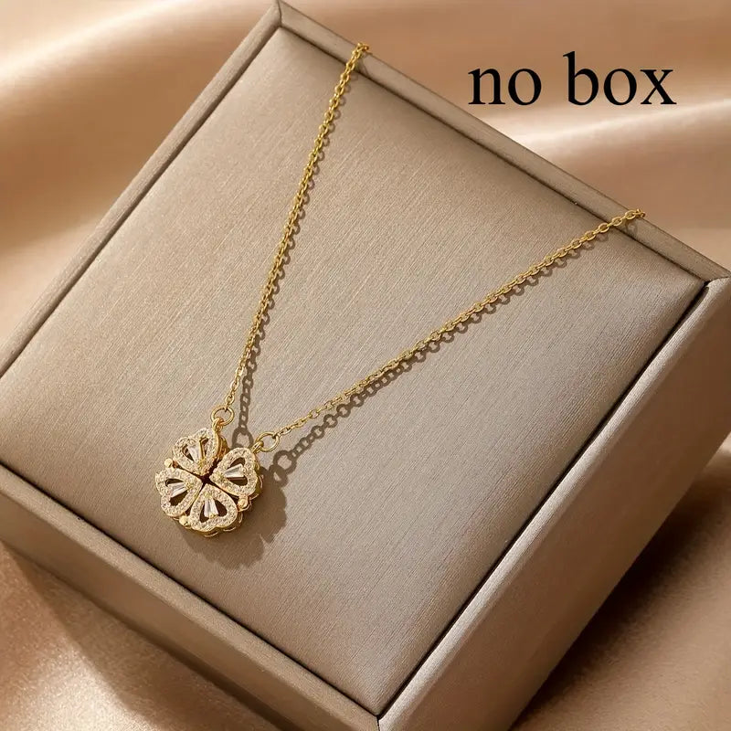 Magnetic Heart Necklace with Four Leaf Clover Hearts Design for Women and Girls