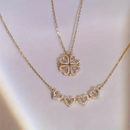 Magnetic Heart Necklace with Four Leaf Clover Hearts Design for Women and Girls