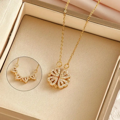 Magnetic Heart Necklace with Four Leaf Clover Hearts Design for Women and Girls